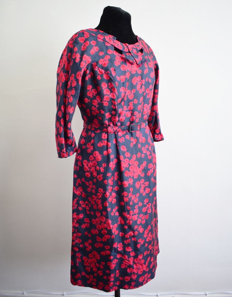 1960s Navy Wiggle Dress with Pink Roses, 40in Bust - Viva Soul London